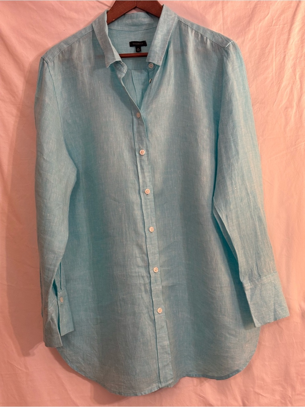 Talbots 100% linen front button long sleeve XL bright turquoise/ aqua shirt.